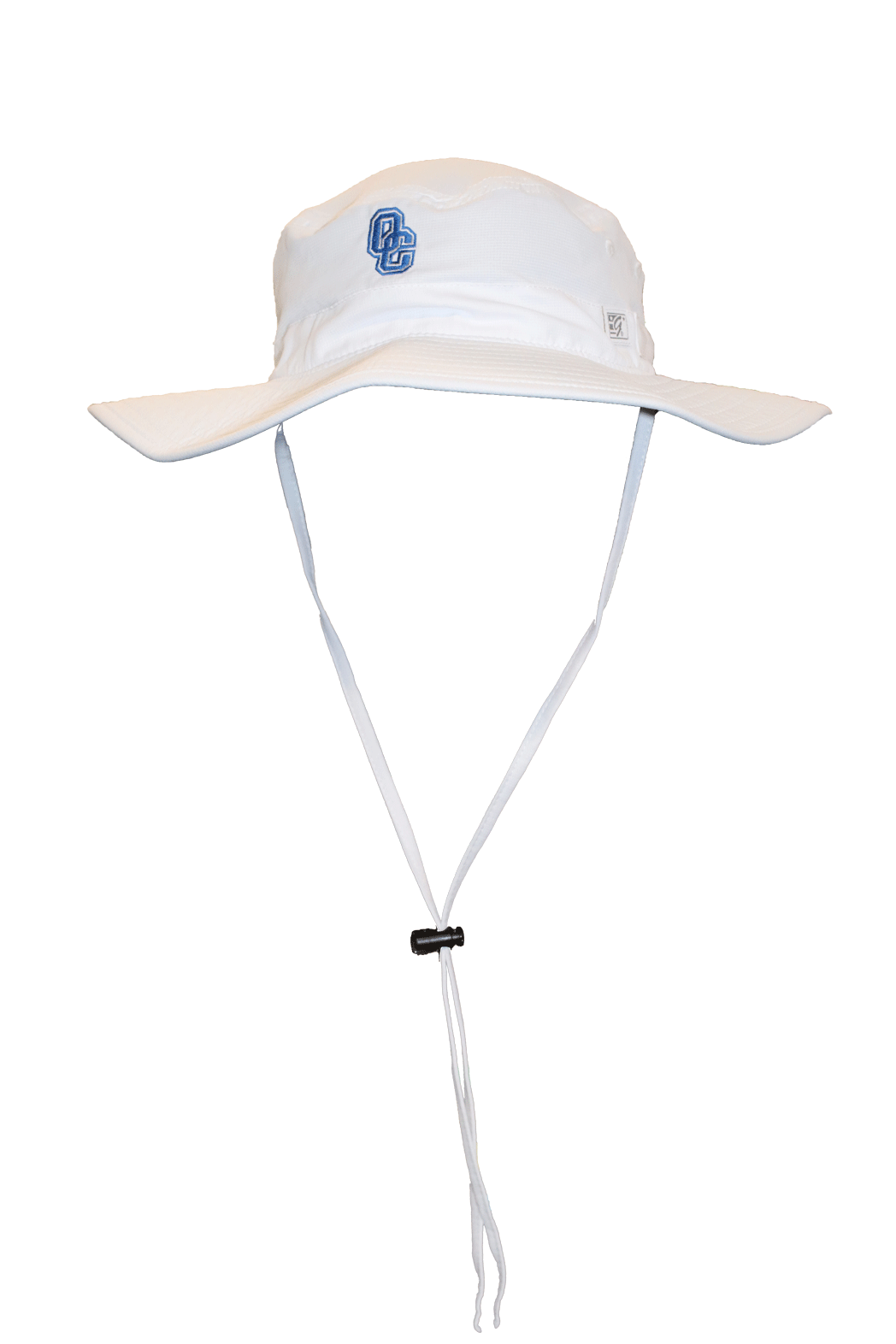 All white bucket hat with an embroidered blue and white OC logo on front of hat.