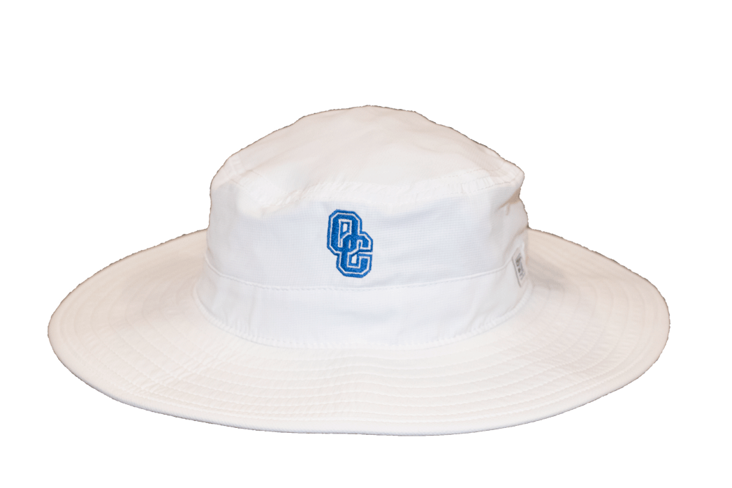 All white bucket hat with an embroidered blue and white OC logo on front of hat.