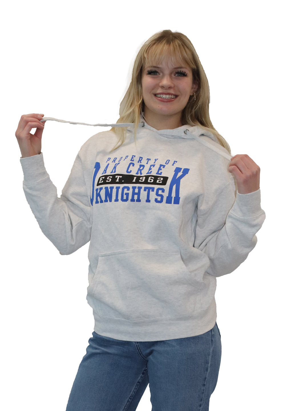Oak Creek Knights Hoodie, Light Gray, Established 1962 on front