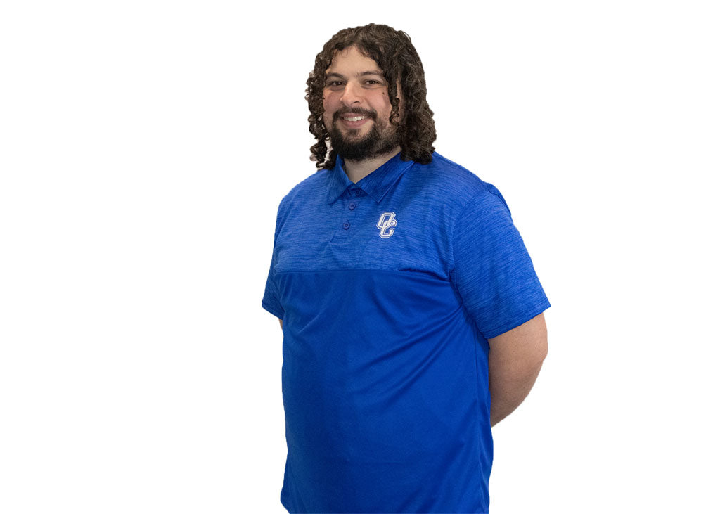 Blue button up polo OC logo top right