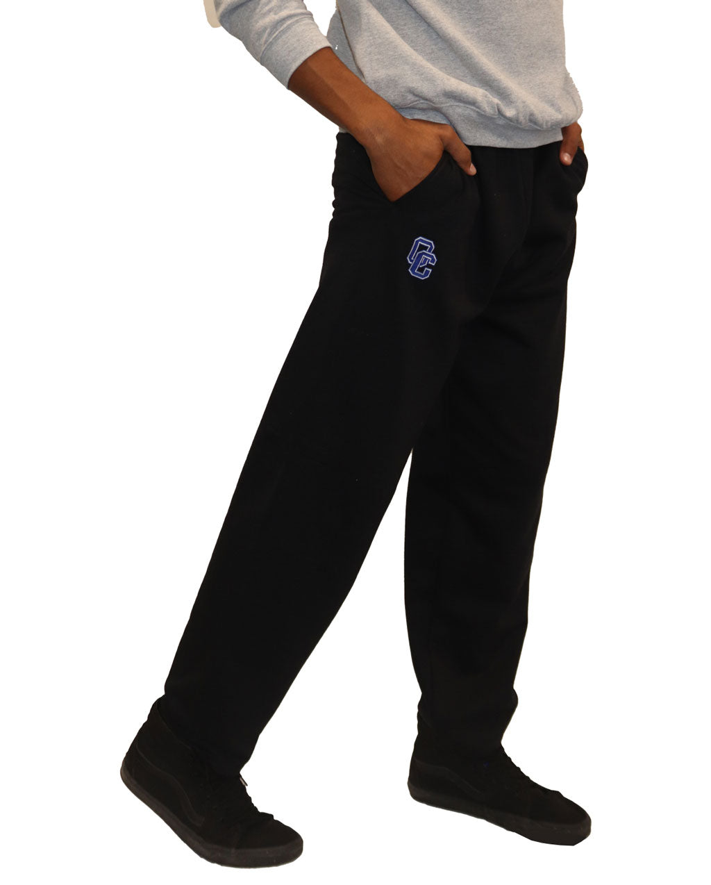 Black pants with blue and white oc logo on the right leg with pockets.