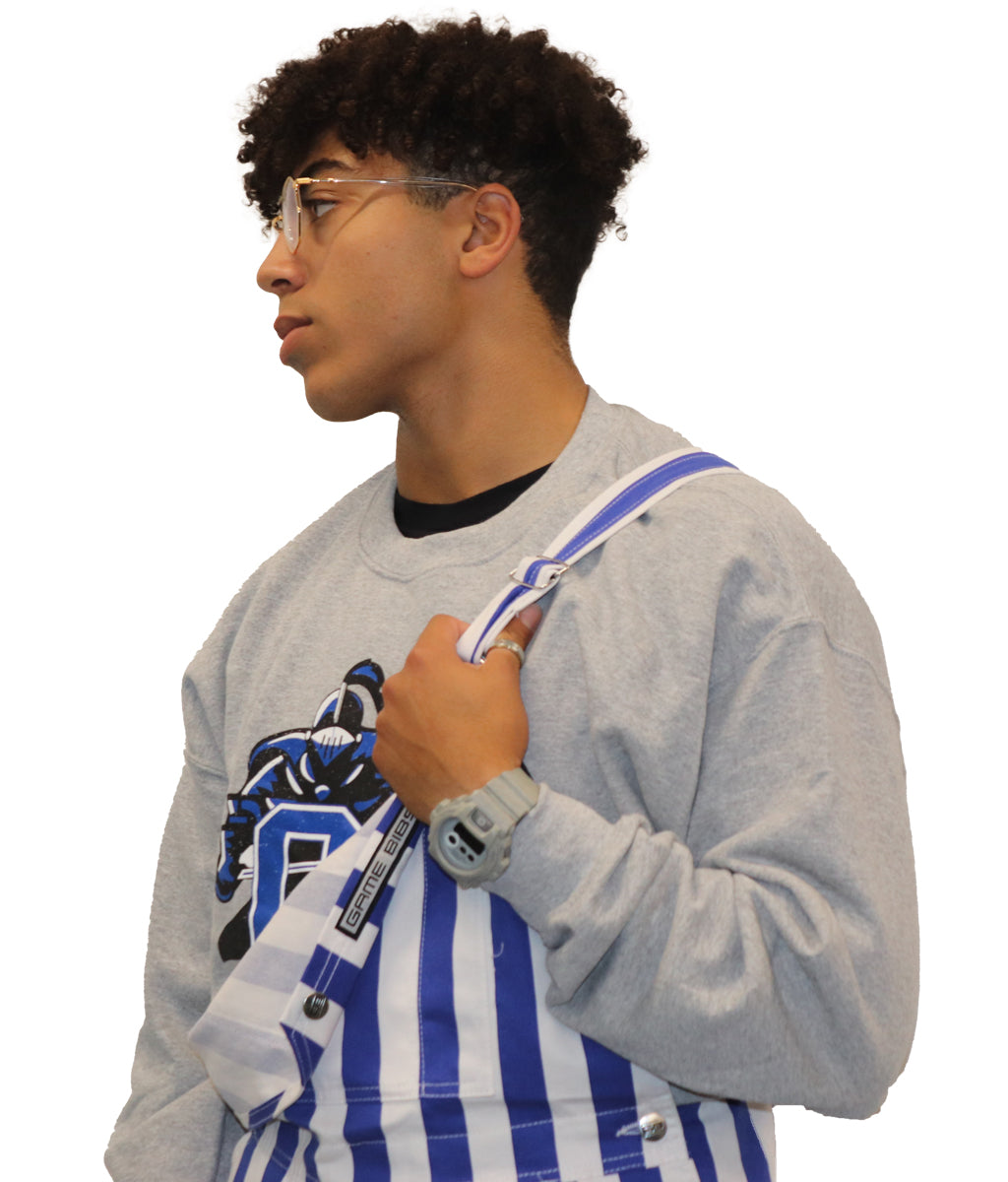 Royal blue and white striped overalls