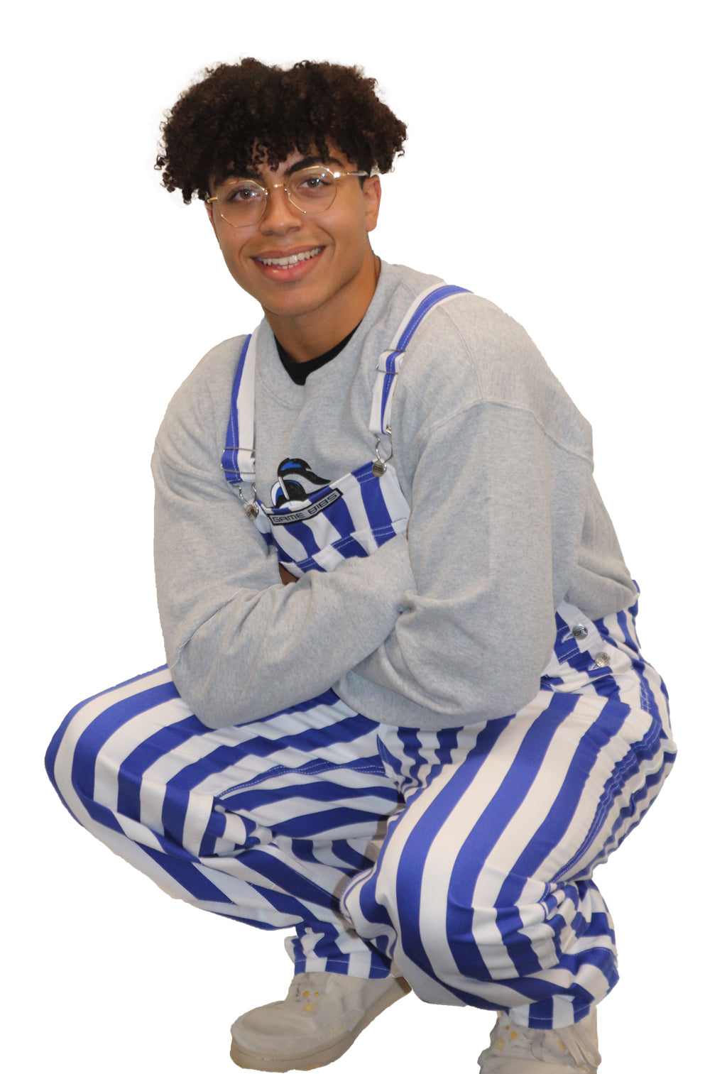 Royal blue and white striped overalls