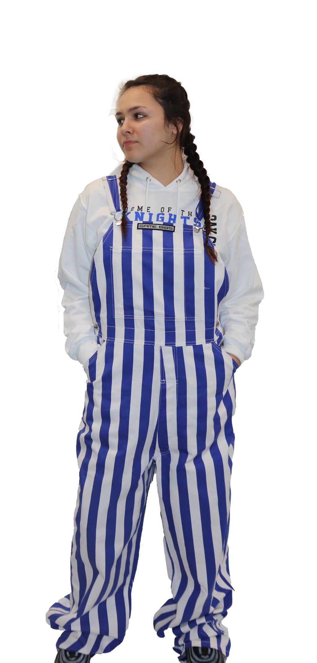 Royal blue and white striped overalls