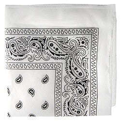 White bandana with black pattern, folded.