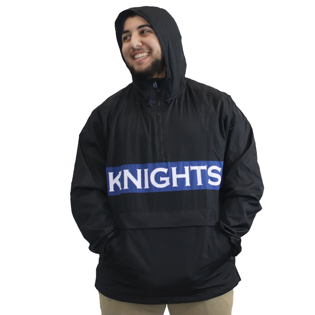 Black Polyester Mesh Material half-zip. Blue block across with Knights font in white