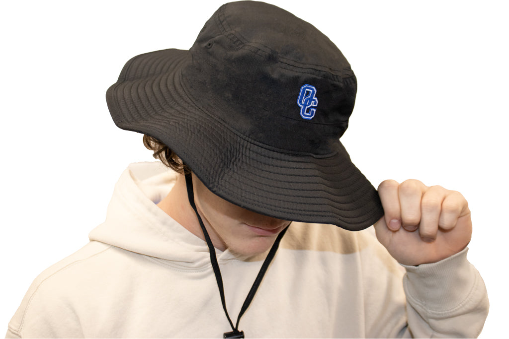 All black bucket hat with embroidered blue and white OC logo on front of hat.
