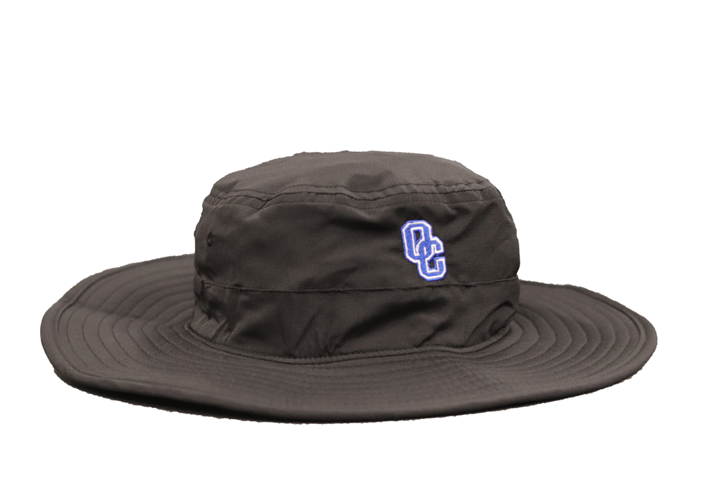 All black bucket hat with an embroidered blue and white OC logo on front of hat.