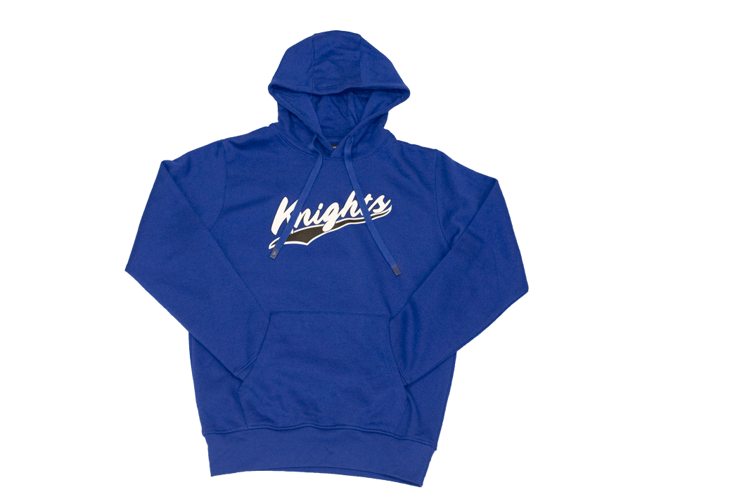 Blue Sweatshirt with strings. Knights in cursive across middle. Black detailing