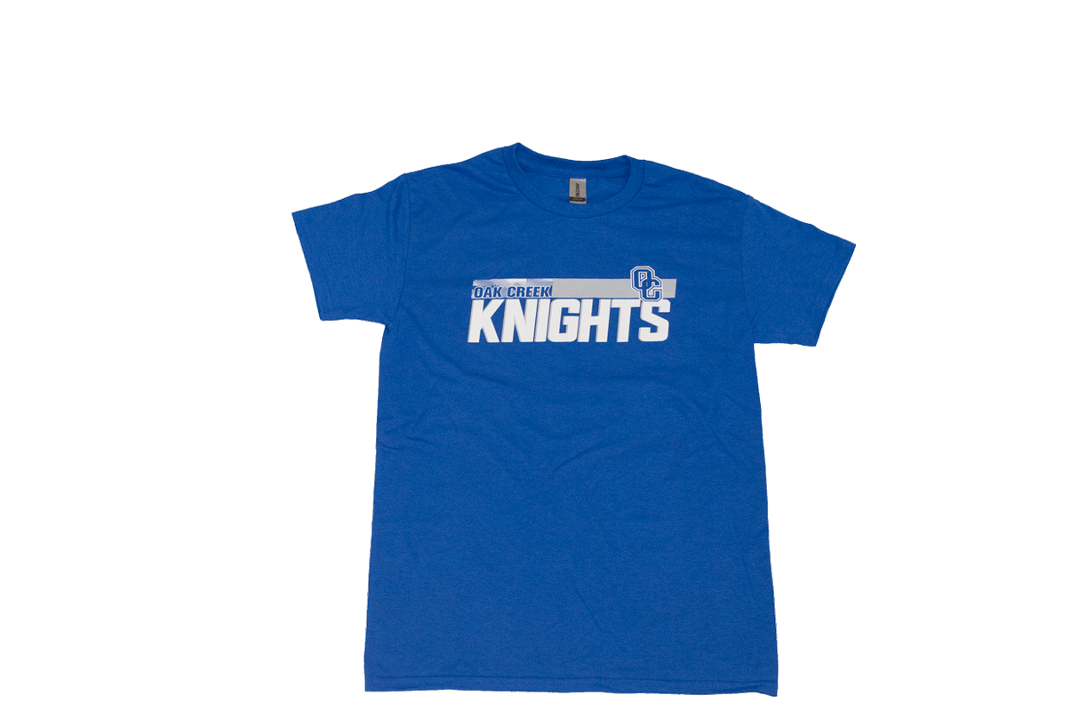 Royal blue t shirt with knights across the center of the shirt