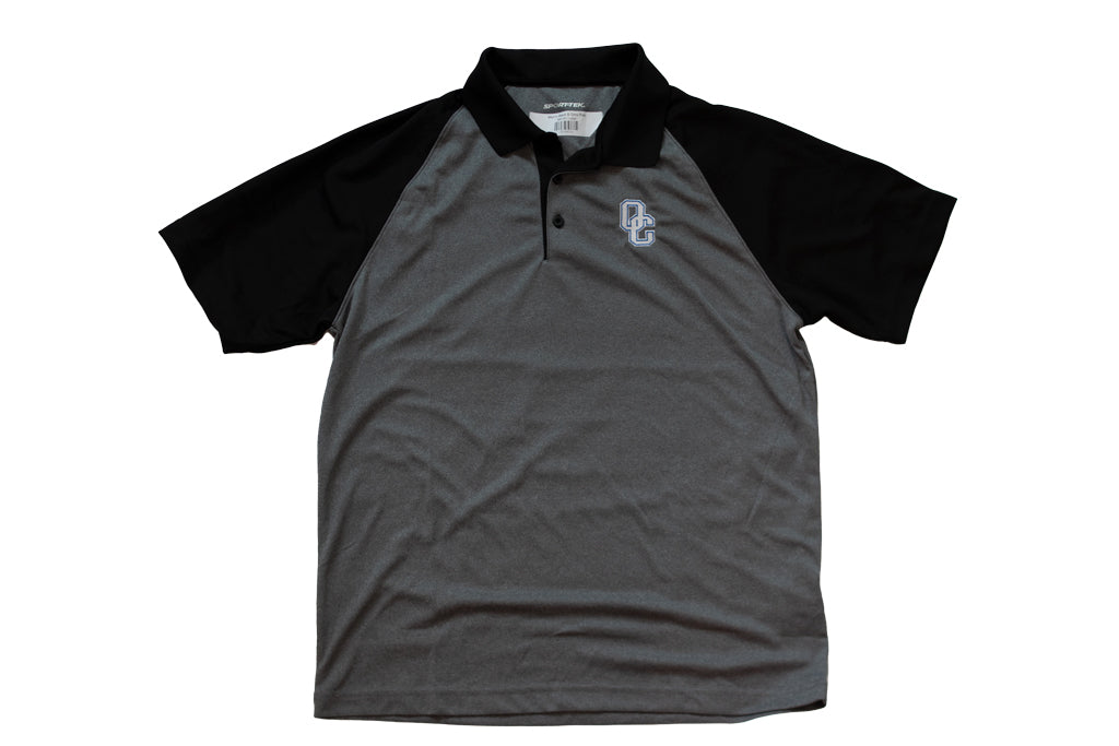 Grey button down polo with black sleeves. OC logo on upper left chest.