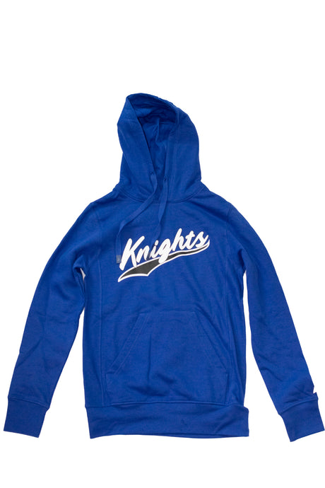 Blue Sweatshirt with strings. Cursive Knights across middle