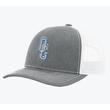Heather grey snapback hat with white mesh back and a blue and white OC symbol.