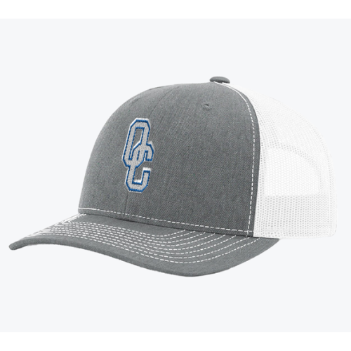 Heather grey snapback hat with white mesh back and a blue and white OC symbol.