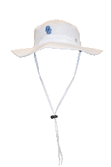 All white bucket hat with an embroidered blue and white OC logo on front of hat.