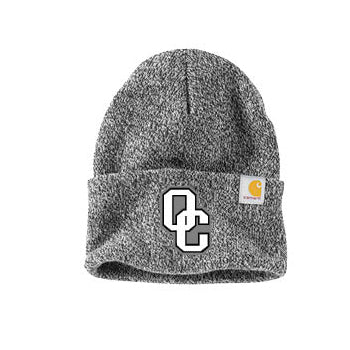 Grey and black carhartt beanie with white and black oc logo centered