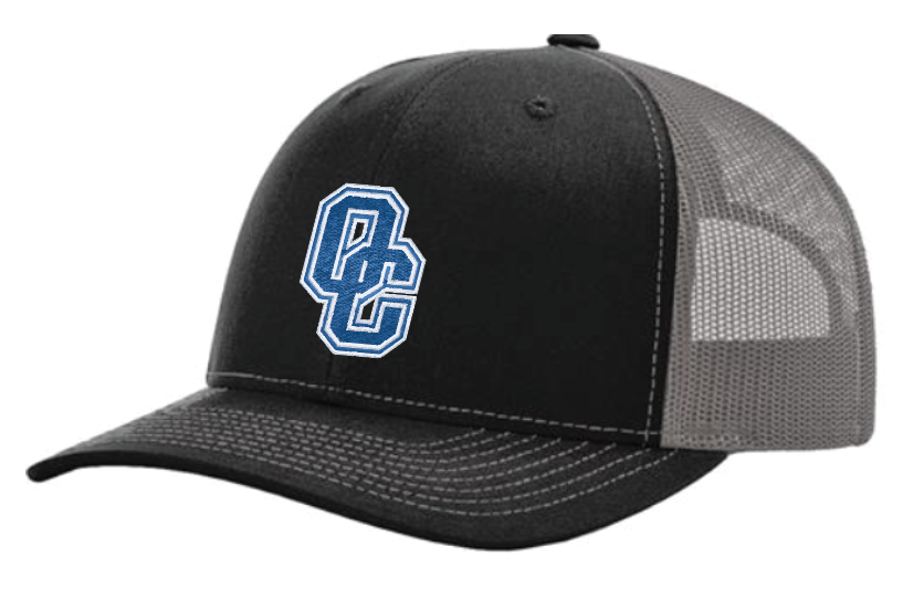 Black snapback hat with grey mesh back and blue and white OC symbol.
