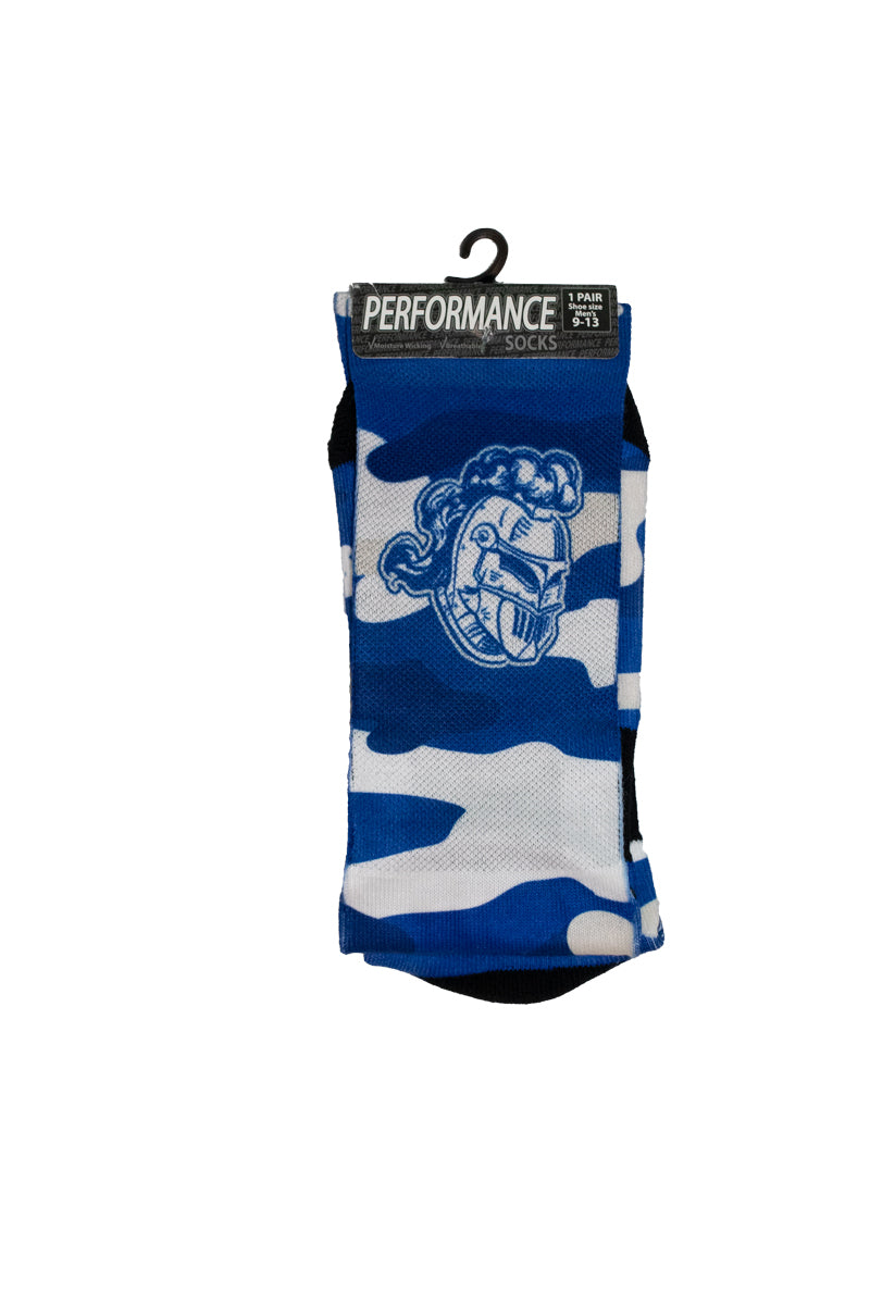 Blue and white camo with knight head.