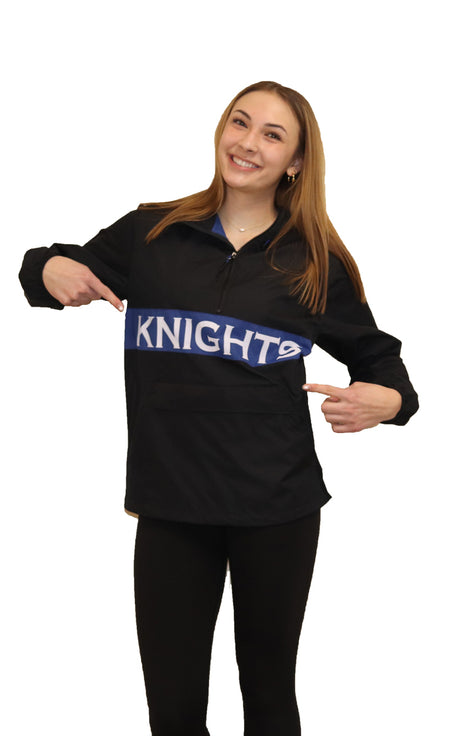black windbreaker with blue stripe in middle along with KNIGHTS text in all bold