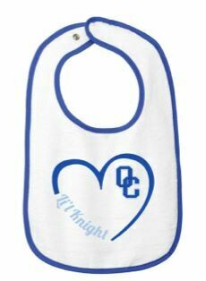 White bib with heart. OC logo and "lil knight"