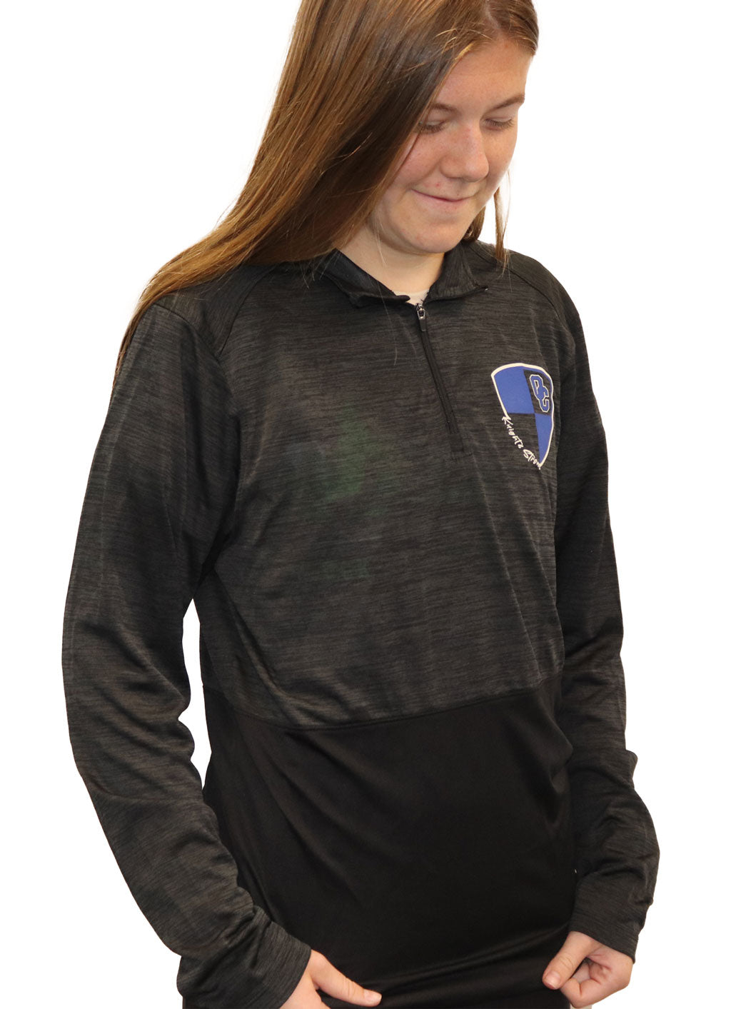 Black quarter zip pullover with OC Knights Strong Shield logo on left chest 