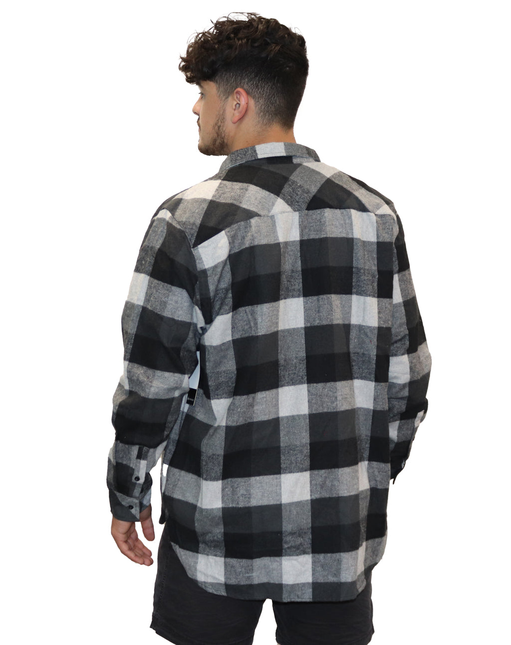 Gray,black and white button up plaid flannel with buttoned pockets on left and right chest and a black and white OC logo on the upper left chest.