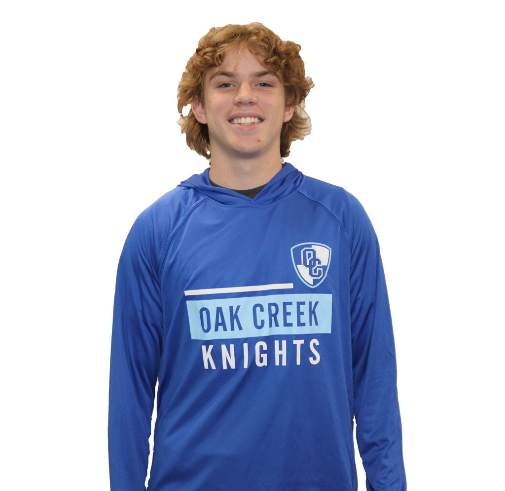 Lightweight Blue long sleeve with hood. Oak Creek Knights written across. OC shield on shirt