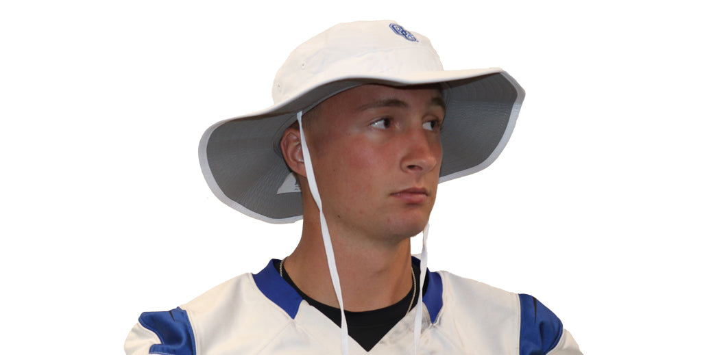 All white bucket hat with an embroidered blue and white OC logo on front of hat.