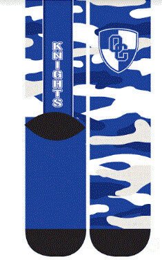 Blue and white camo print socks. OC shield on front and Knights on back