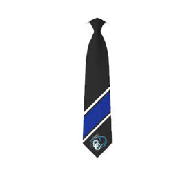 black tie with blue stripe. OC Knight at bottom