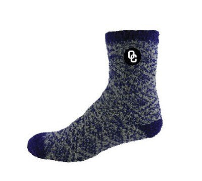 Multi Colored Blue and White fuzzy sock with black OC logo at top