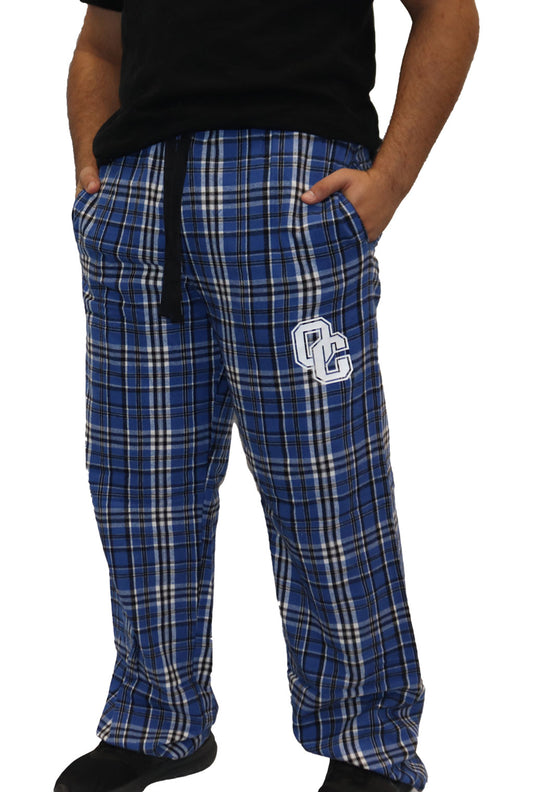 Royal Blue, black and white plaid pajama pants with OC logo on left leg.