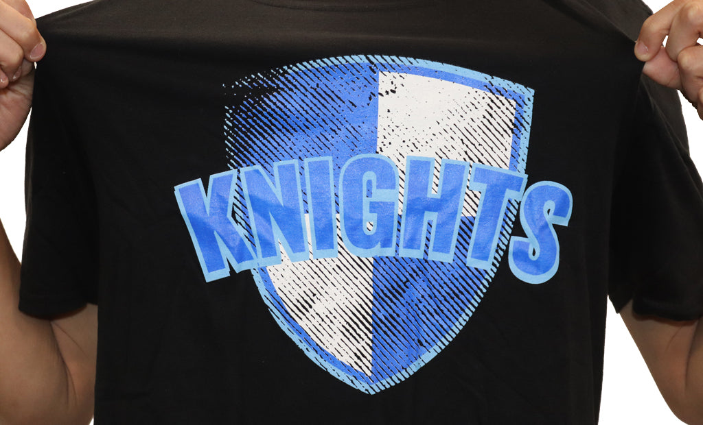 Black t shirt with faded shield behind blue knights text