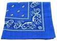 Blue bandana with white pattern, folded. 