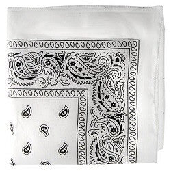 White bandana with black pattern, folded. 