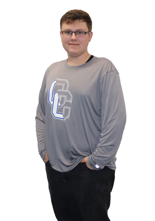 Light gray long sleeve with half white/blue and half gray/white oc logo