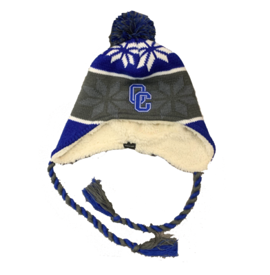 Blue String Beanie hat with puff ball