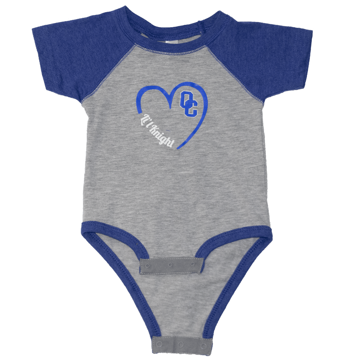 Gray baby onesie with blue sleeves and a li'l knight logo on the chest in blue
