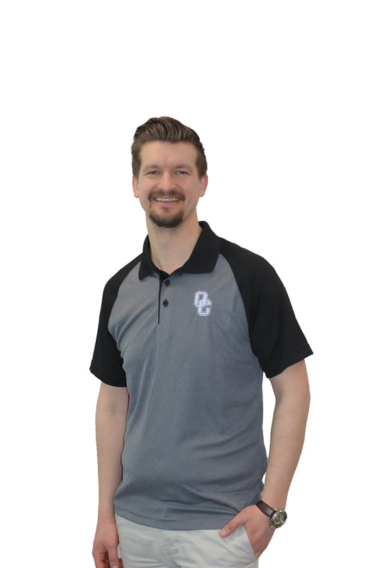 Grey button down polo with black sleeves. OC logo on upper left chest.