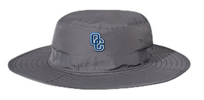 Grey bucket hat with an embroidered blue and white OC logo on front of hat.