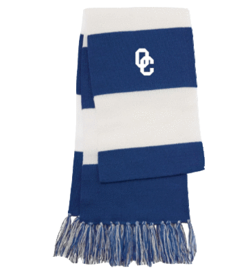Blue and White stripped with tassels on the end. OC logo on