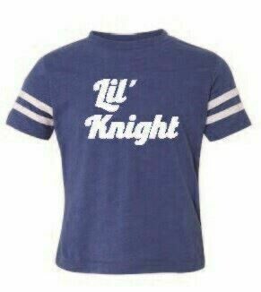 Blue toddler t-shirt with two white bands on the sleeves and a lil' knight text across the front