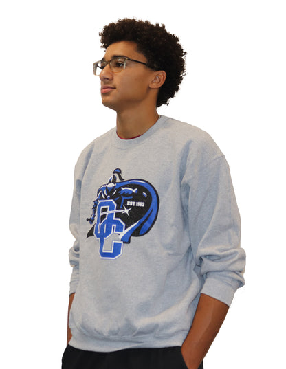 Gray crewneck with a Knight in middle with OC logo