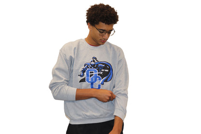 Gray crewneck with a Knight in middle with OC logo