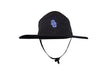 Black bucket hat with an embroidered blue and white OC logo on front of hat.