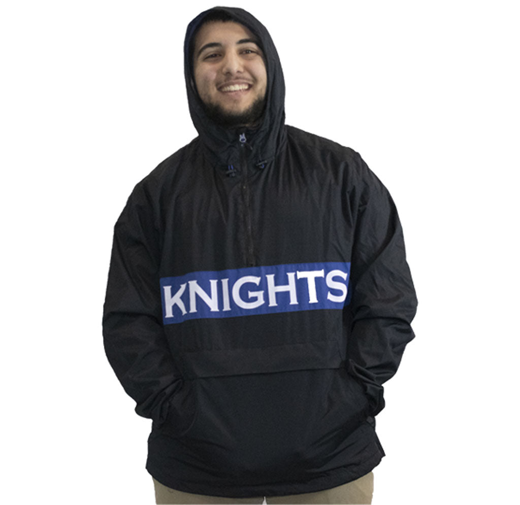 Black Polyester Mesh Material half-zip. Blue block across with Knights font in white